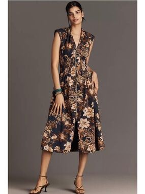 ANTHROPOLOGIE x MAEVE | The Tommie Zip-Front Midi Dress, Navy Floral NWT